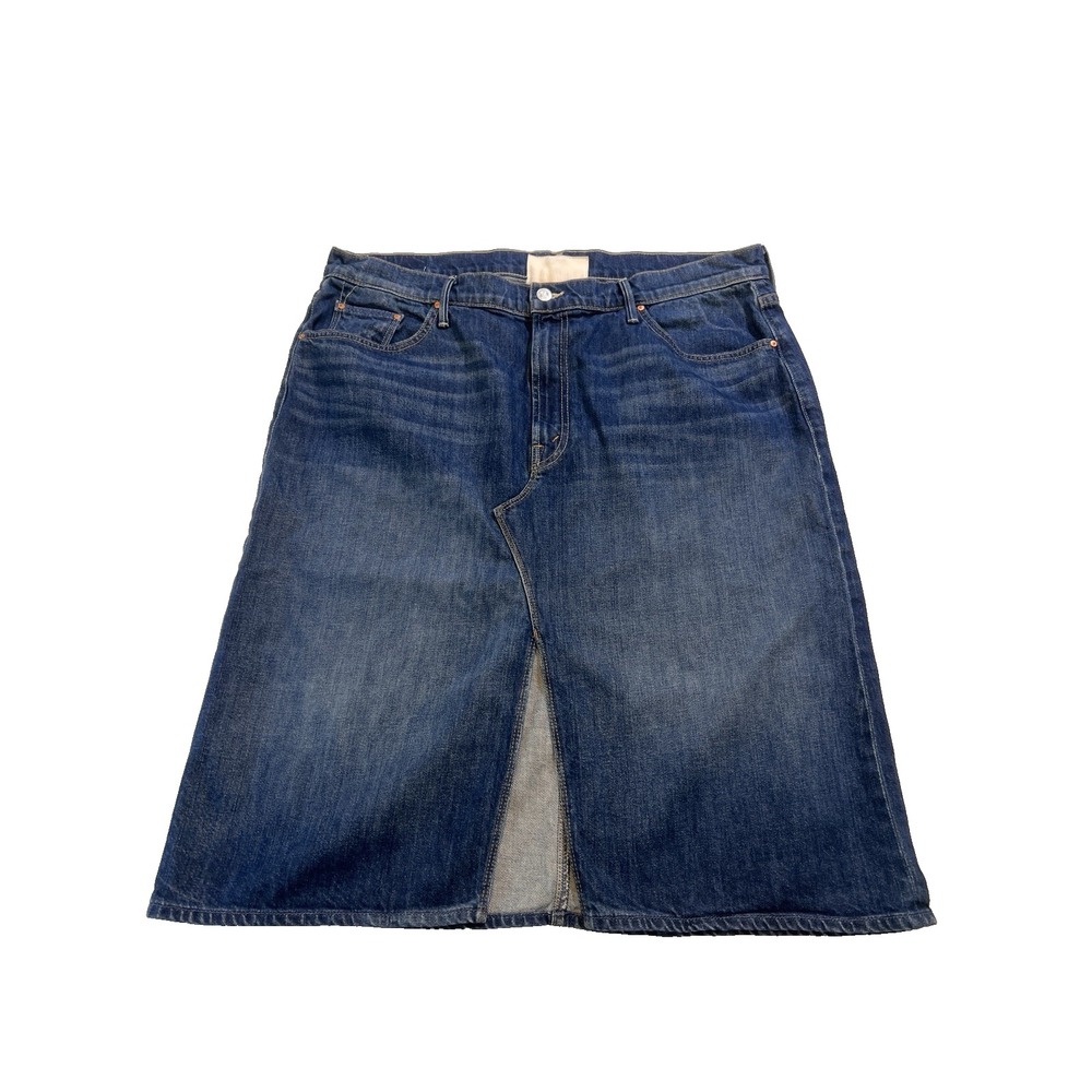 Mother Ditcher Midi Denim Skirt Dark Wash 34" Split classic prep chic